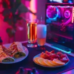 Snack plate of one-hand foods like wraps and fruit near gaming setup