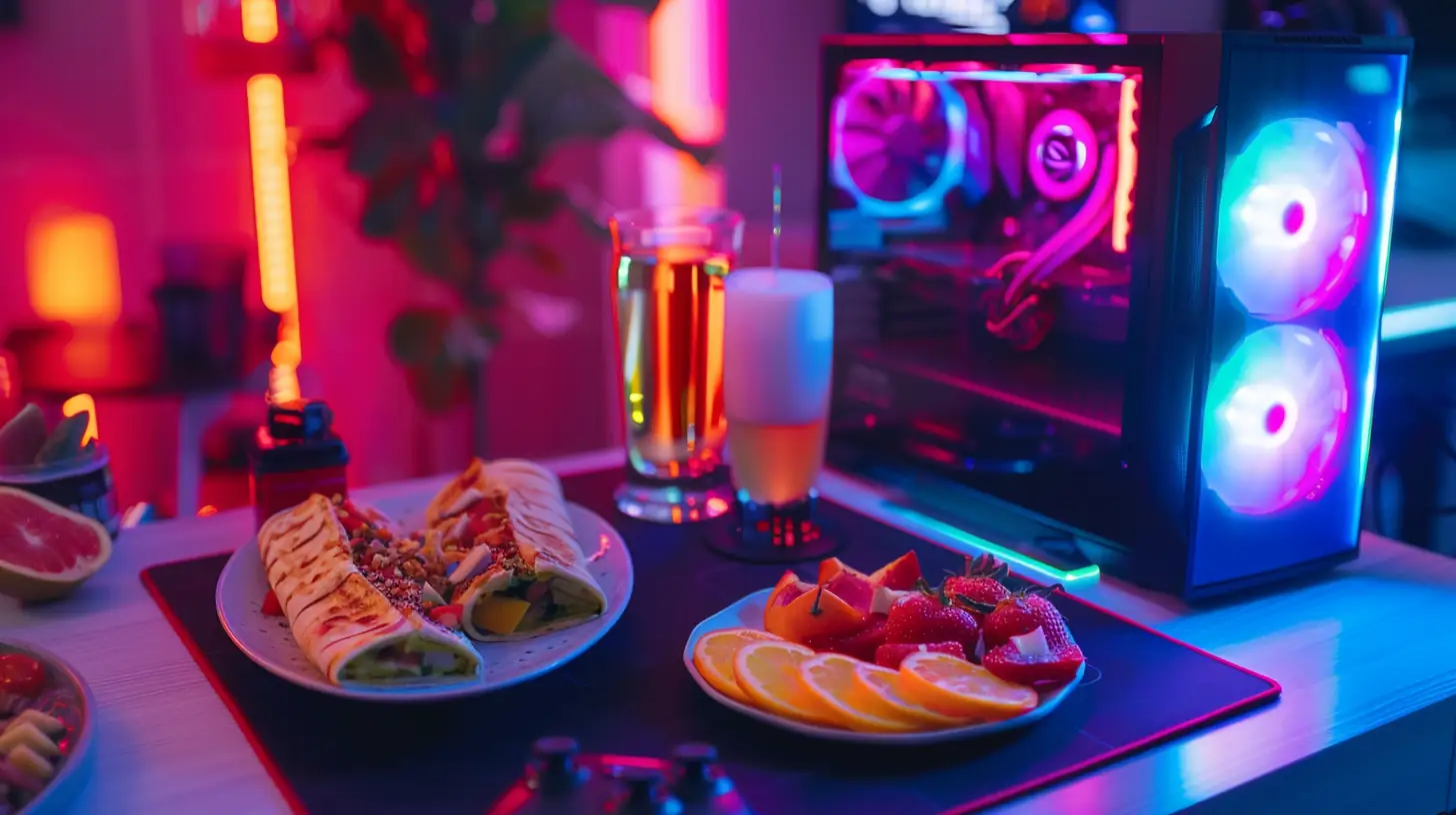 Snack plate of one-hand foods like wraps and fruit near gaming setup