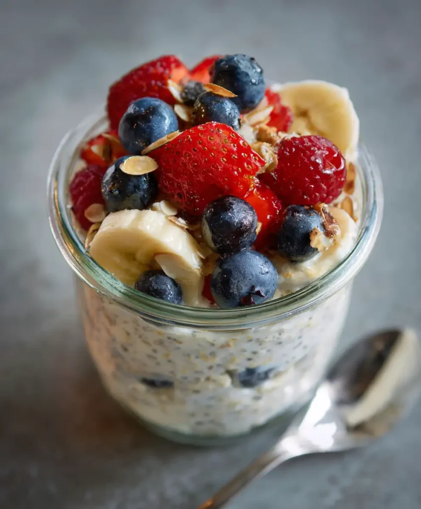10 Dorm Room Recipes You Can Make Without a Fridge 6 A jar of overnight oats with dried fruit and nuts, sitting on a dorm study desk.