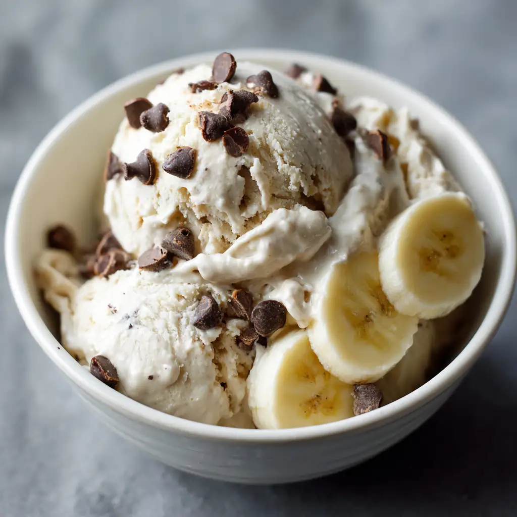 Easy Protein Desserts for Students with a Sweet Tooth 6 Bowl of creamy banana protein ice cream topped with chocolate chips.