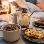 Easy protein desserts for students with a sweet tooth – chocolate protein mug cake, high-protein parfait with whipped cream, soft chocolate chip protein cookies, and fudgy brownies on a cozy dorm table.