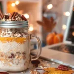 Pumpkin overnight oats in a mason jar topped with granola, cinnamon, and pecans, styled on a student dorm desk with fall decorations.
