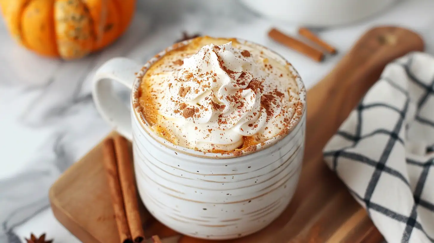 Pumpkin mug cake in a cozy ceramic mug topped