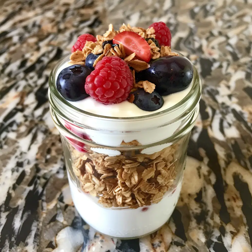 Cheap Protein Snacks You Can Keep in Your Dorm 13 Mason jar yogurt parfait with granola and berries layered for a dorm snack.