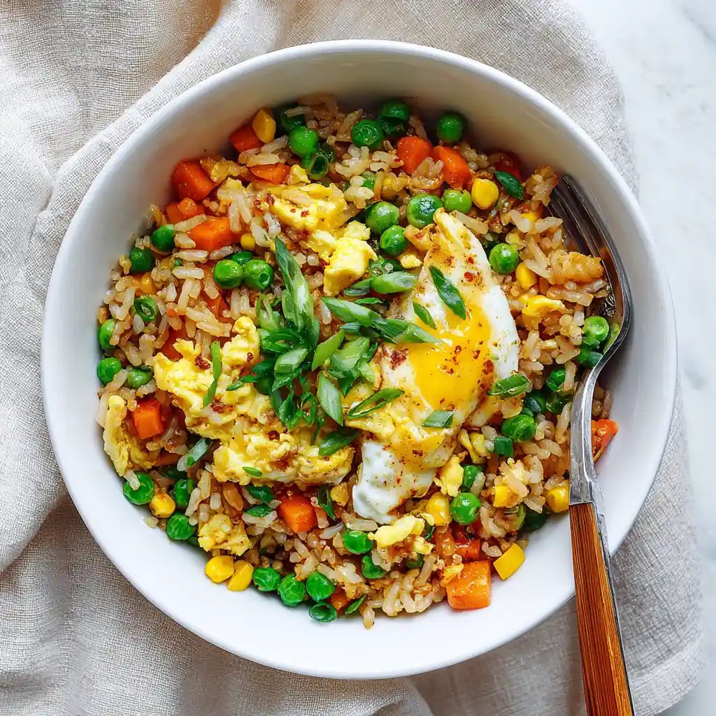 Student Budget Recipes: 12 Dorm-Friendly, Trendy & Cheap Ideas 8 Ramen fried rice with scrambled eggs, peas, carrots, corn, and scallions served in a white bowl – quick Asian-inspired comfort food recipe.