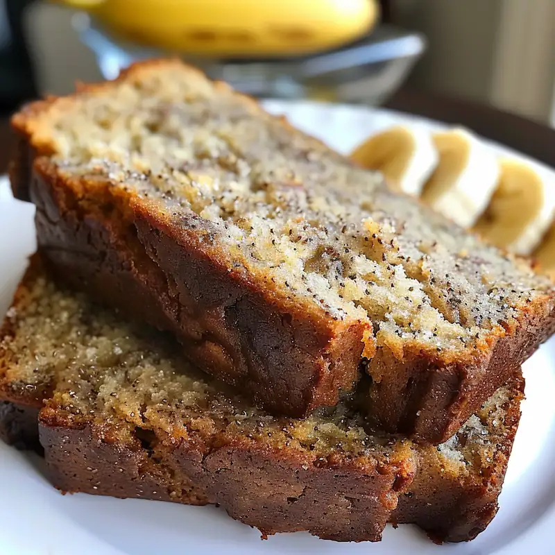 Moist rice cooker banana bread sliced on a wooden board