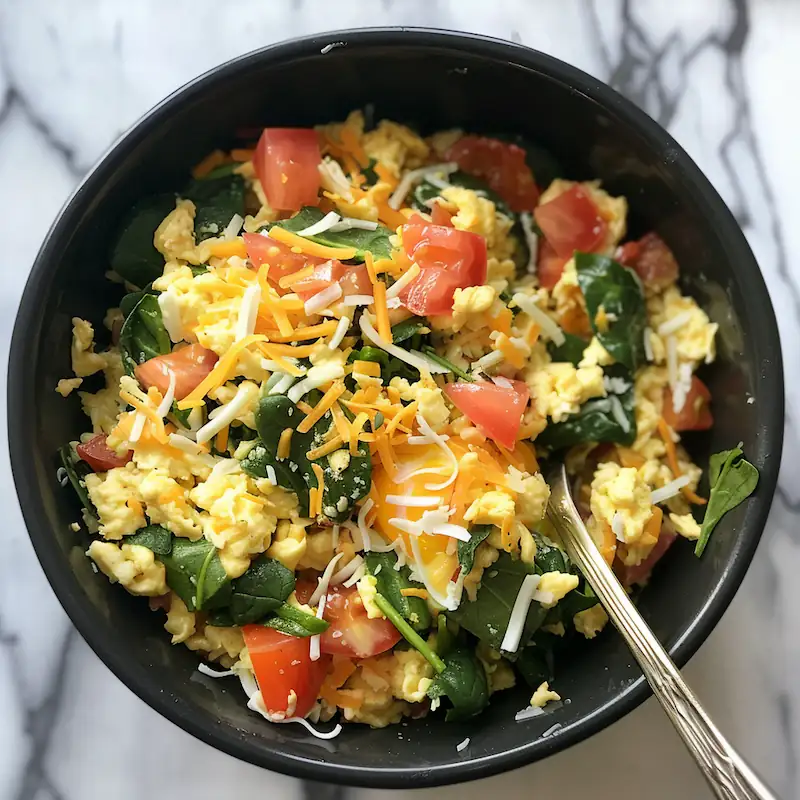 Fluffy rice cooker egg scramble with melted cheese and fresh vegetables served in a bowl