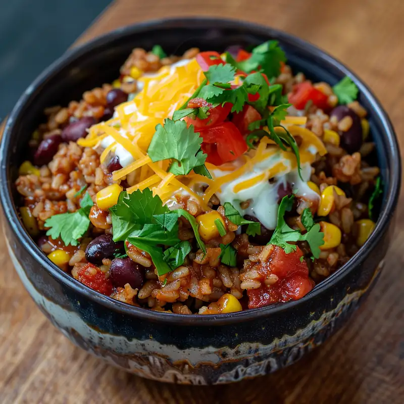Rice cooker chili rice bowl with beans, corn, salsa, and melted cheese