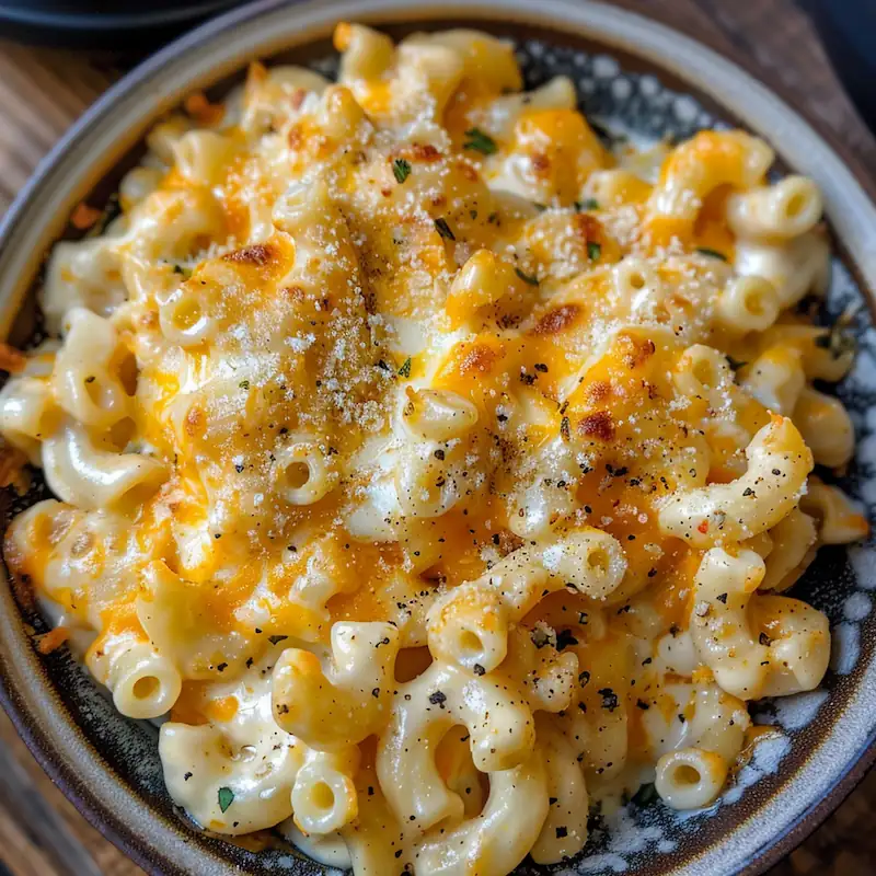 Cheesy rice cooker mac and cheese with melted golden cheese served in a bowl