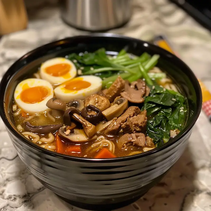 Upgraded rice cooker ramen with egg, vegetables, and scallions