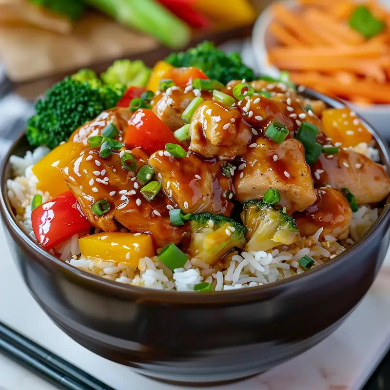 Rice cooker teriyaki chicken and colorful vegetables served over fluffy rice