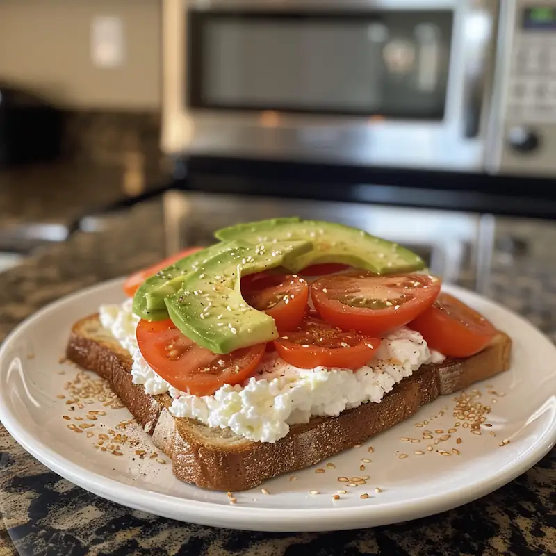 Whole wheat toast with cottage cheese, avocado, and tomato slices.