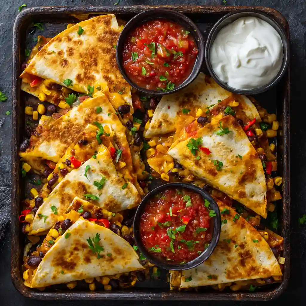 Student Budget Recipes: 12 Dorm-Friendly, Trendy & Cheap Ideas 9 Golden baked quesadilla wedges on a sheet pan, filled with melted cheese, beans, corn, and peppers, served with salsa and sour cream.