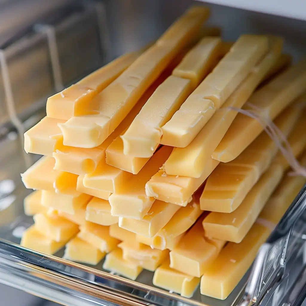 Cheap Protein Snacks You Can Keep in Your Dorm 7 Cheese sticks stacked in a mini fridge snack drawer.