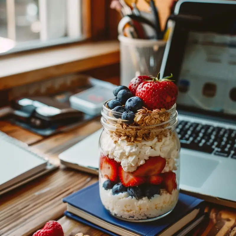 Cottage cheese parfait with berries and granola for students.