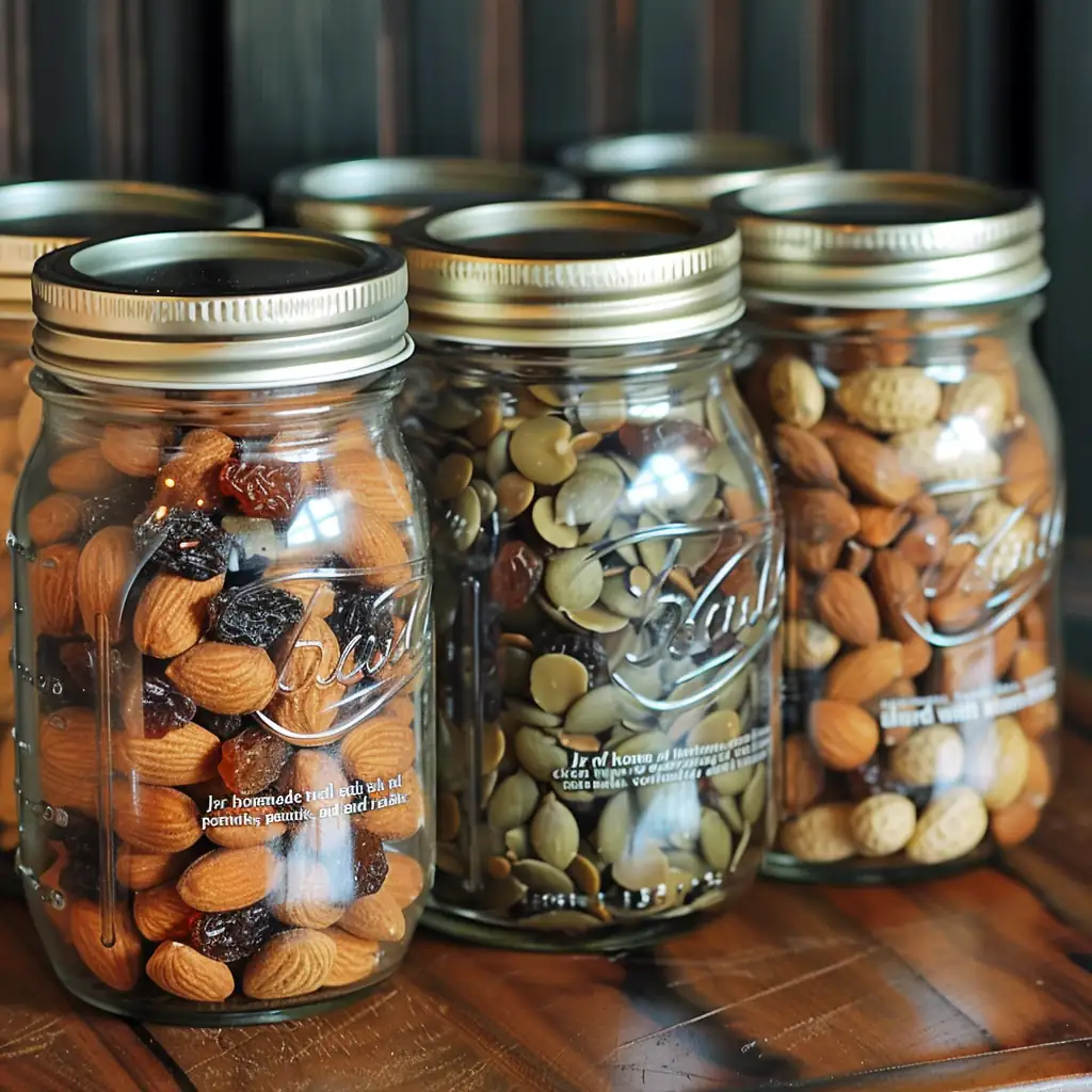 Cheap Protein Snacks You Can Keep in Your Dorm 6 Jar of homemade trail mix with almonds, peanuts, and raisins.