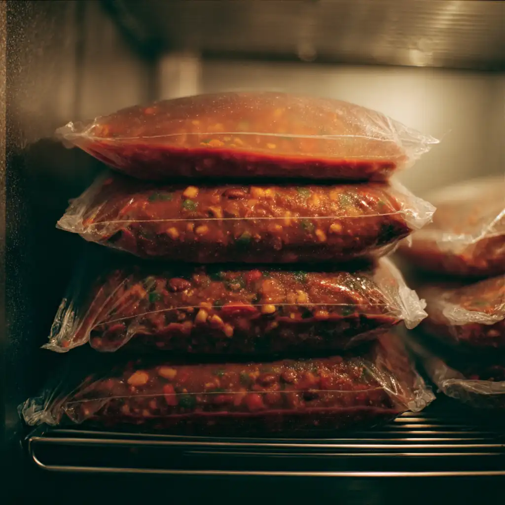 Food Saver Meal Prep: The Student’s Guide to Eating Healthy, Saving Money, and Wasting Less 3 Sealed bags of vegetarian chili stacked in a student freezer.
