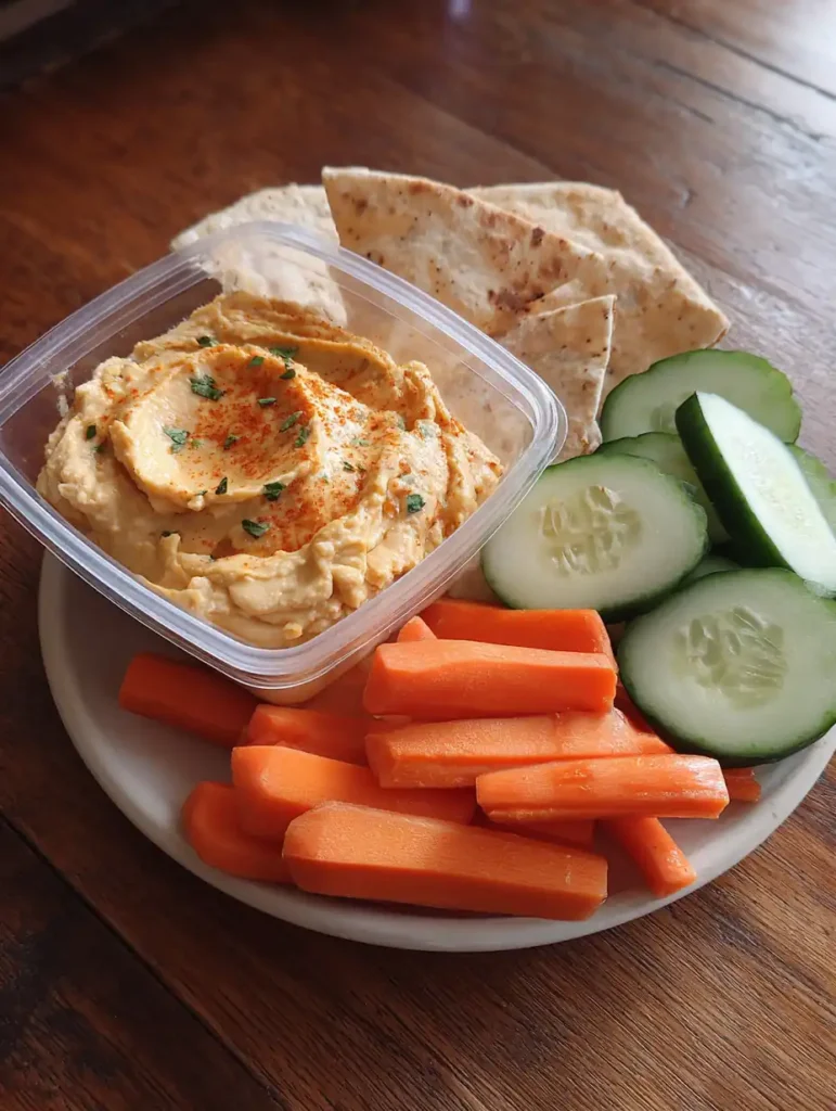 No-Cook Dorm Snacks Every Student Needs to Try 4 Mini container of hummus with carrots, cucumbers, and pita chips.