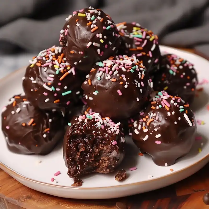 Viral Dessert Recipes 2026: Sweet Trends You’ve Gotta Try 5 Round brownie-style energy balls coated in chocolate, arranged on a plate.