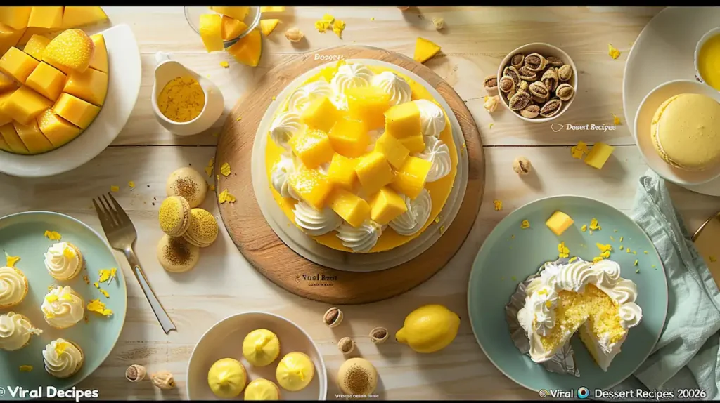 Viral Dessert Recipes 2026: Sweet Trends You’ve Gotta Try 1 Viral dessert recipes 2026 Pinterest pin with trending sweets: no-bake mango cheesecake with fresh mango topping, lemon brûlée posset in lemon shells, colorful macaron cake, and chocolate-covered yogurt clusters, styled on a pastel background for TikTok and Instagram.