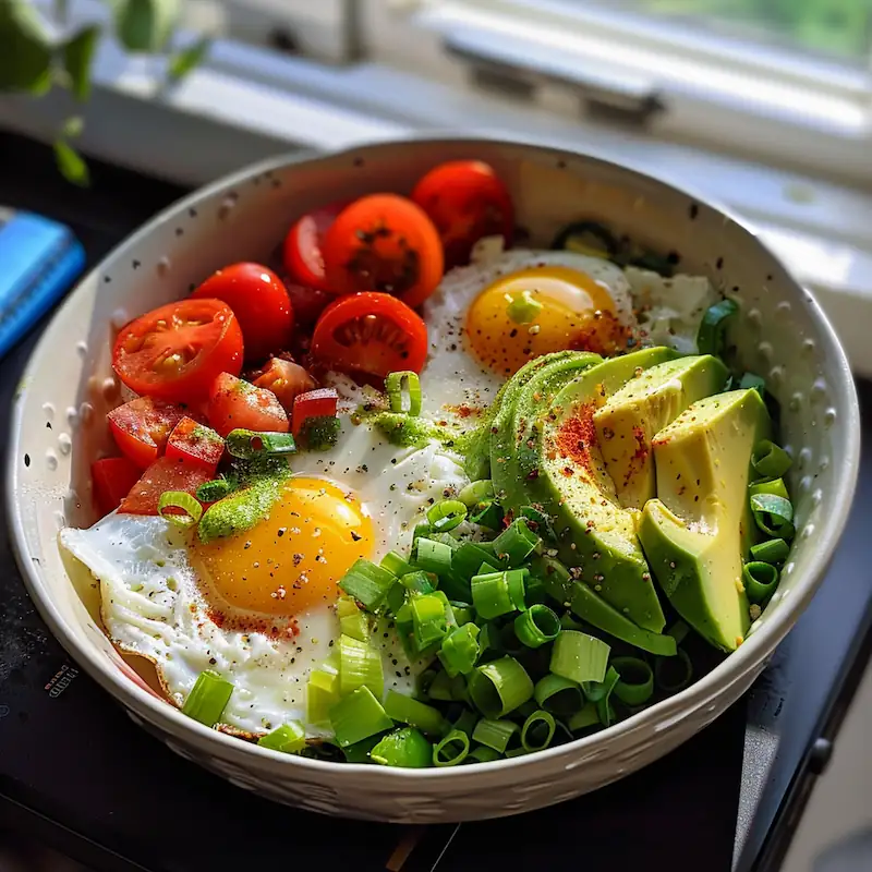 Affordable keto meal with eggs, avocado, and veggies on a student’s dorm desk