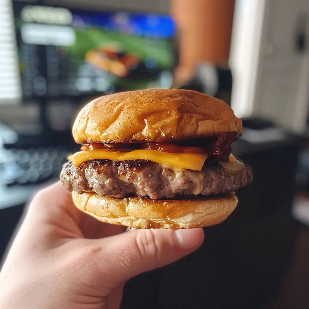 One Hand Gaming Food | Easy Dorm Snacks for Students 2 Mini slider burger held in one hand at dorm gaming desk.