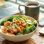 Chicken Broccoli Rice Bowl Recipe with sticky soy sauce, broccoli florets, and spicy mayo served in a white bowl on a dorm desk with books and laptop