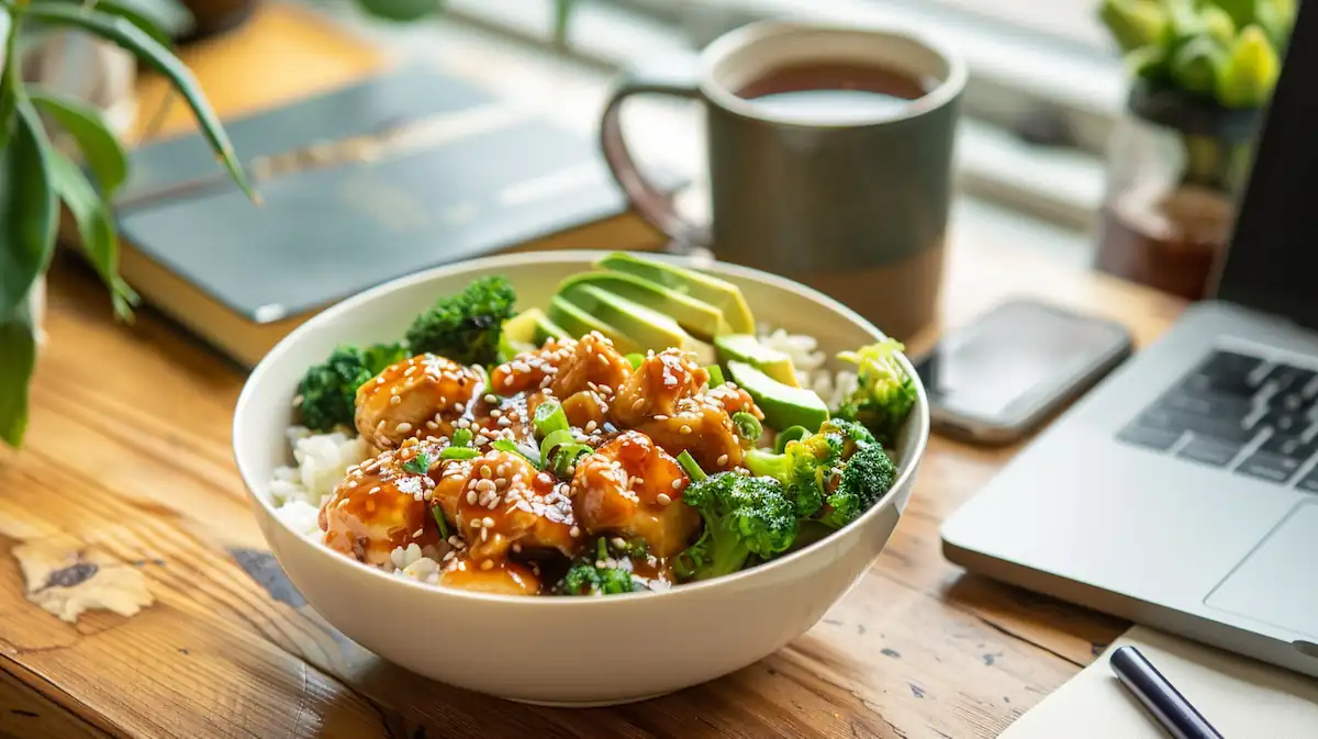 Chicken Broccoli Rice Bowl Recipe with sticky soy sauce, broccoli florets, and spicy mayo served in a white bowl on a dorm desk with books and laptop