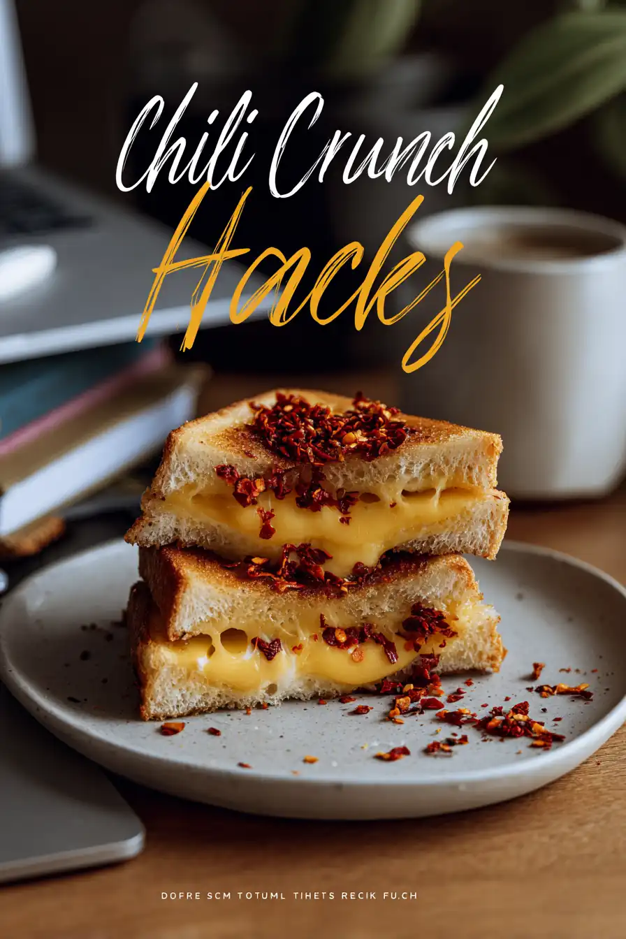 golden grilled cheese sandwich cut in half, gooey melted cheese oozing out, topped with shiny red chili crunch flakes. The background shows a cozy dorm desk with books, a laptop, and a coffee mug. Bold, modern text overlay at the top: ‘Chili Crunch Hacks’ and at the bottom: ‘Dorm Meals with a Spicy Twist’. Clean Pinterest aesthetic, warm lighting, high-contrast colors, appetizing close-up.