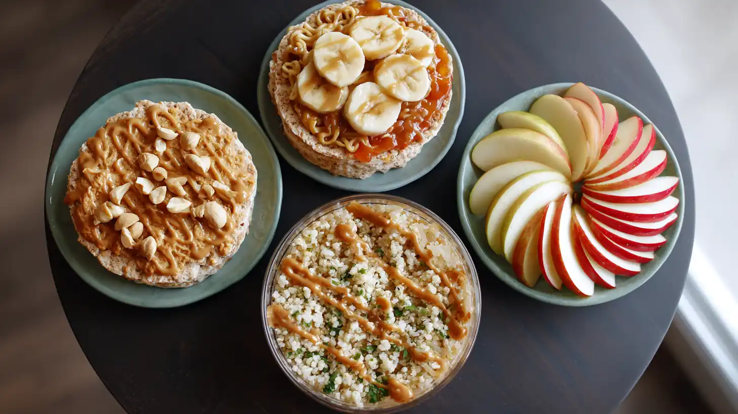A flat lay of easy no-fridge dorm recipes on a small dorm table: rice cakes with peanut butter and banana, instant ramen with canned veggies, apple slices with peanut butter drizzle, and a couscous bowl. Bright, colorful, appetizing presentation.