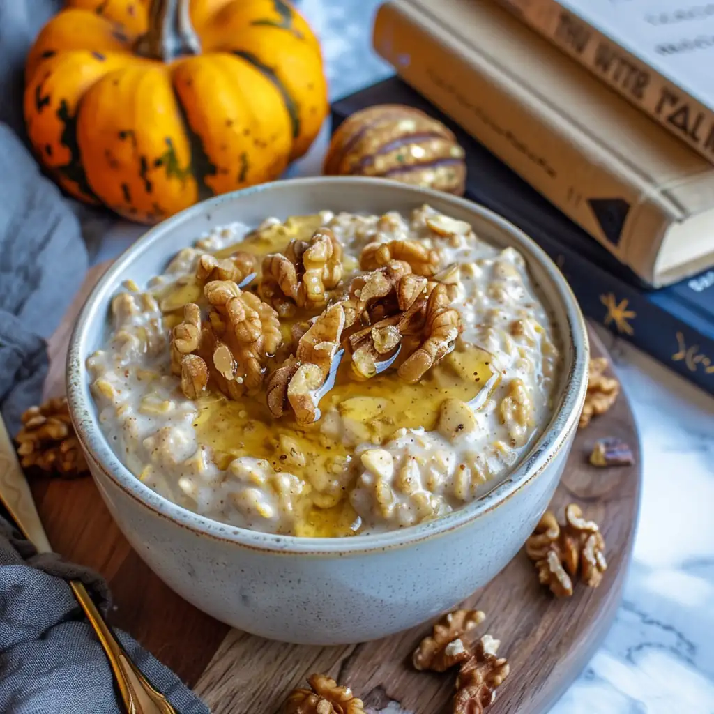 Jar of pumpkin overnight oats on a dorm desk with textbooks, topped with walnuts and a drizzle of honey