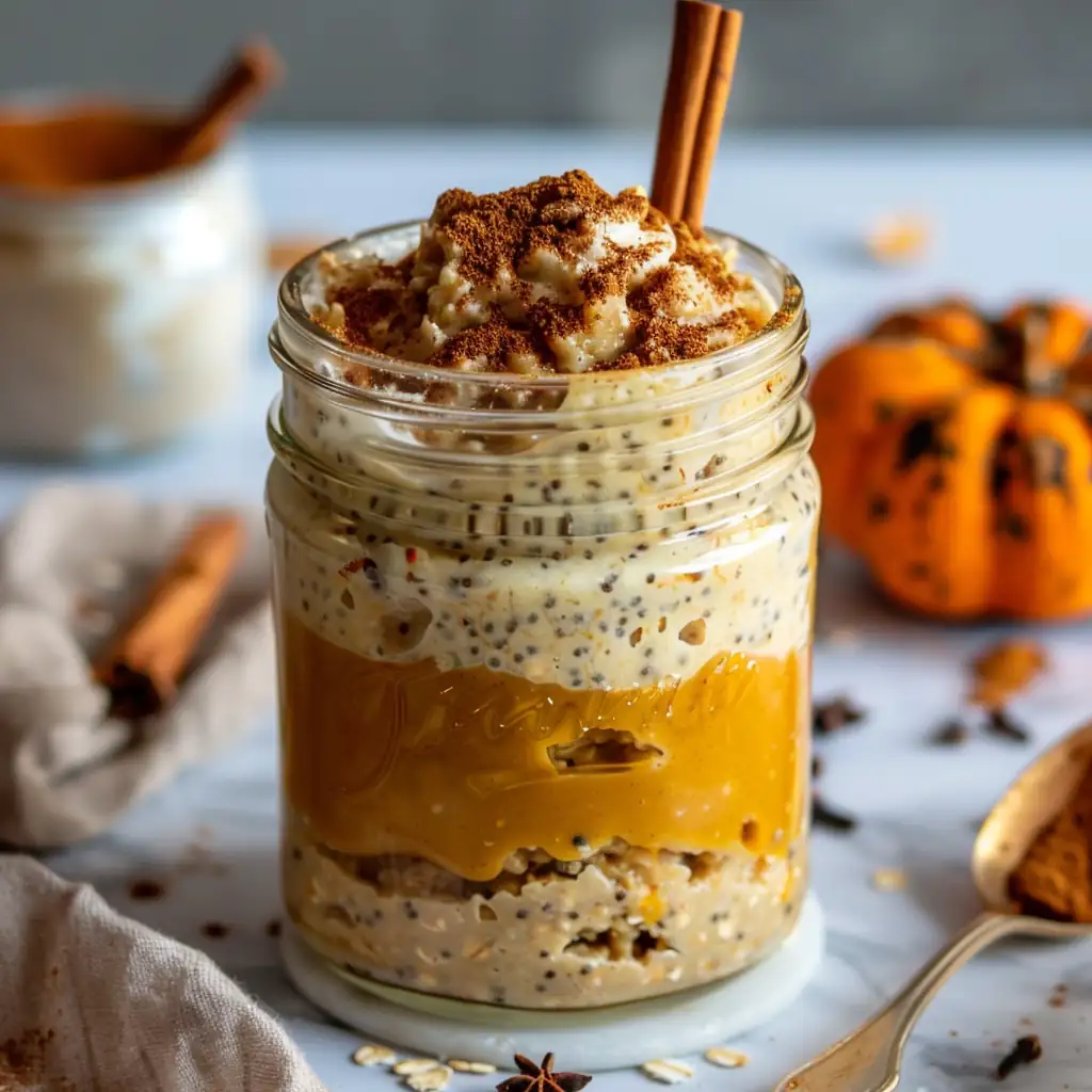 Pumpkin overnight oats layered in a glass jar with pumpkin puree and oats, topped with cinnamon