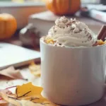 Pumpkin mug cake with whipped cream and cinnamon in a mug, styled for students with books and laptop in the background