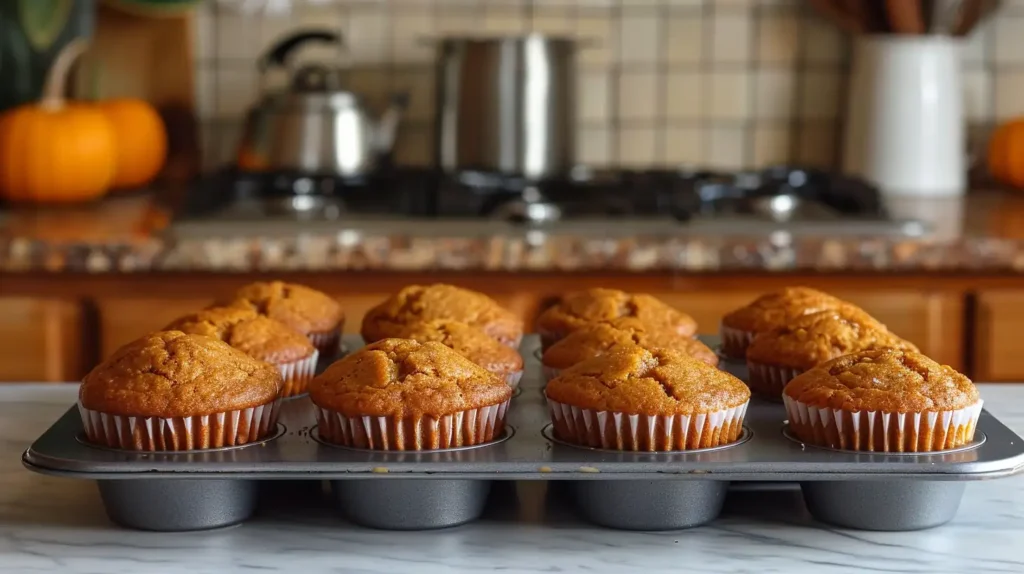 Freshly baked pumpkin muffins in a muffin tin, golden brown and topped with cinnamon sugar