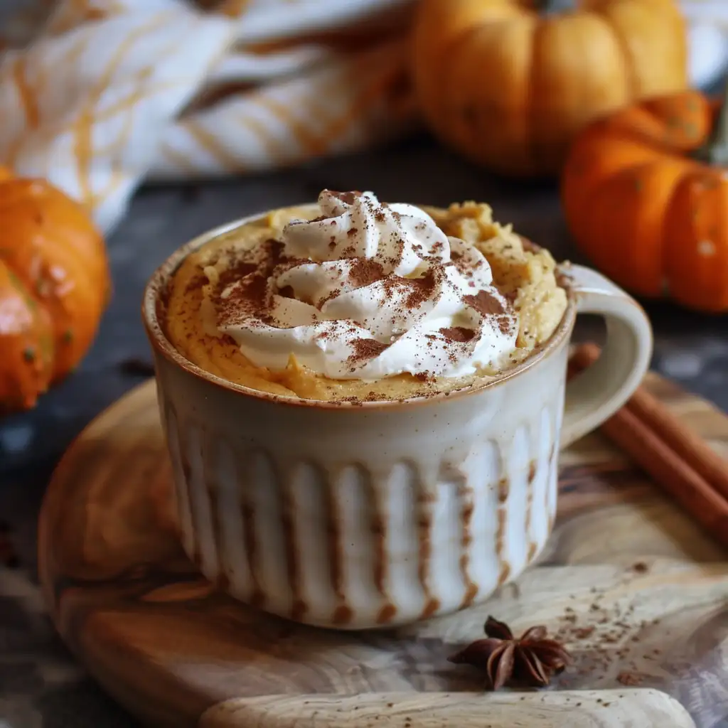 Pumpkin mug cake in a cozy ceramic mug topped with whipped cream and cinnamon