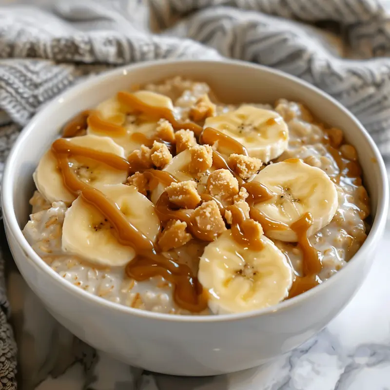 Creamy rice cooker oatmeal topped with sliced bananas and peanut butter drizzle in a white bowl.