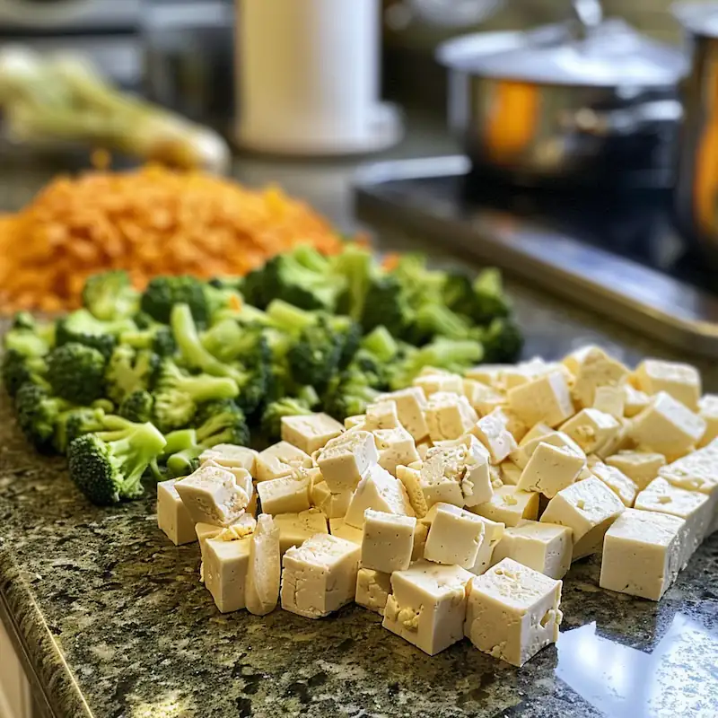 Budget-friendly substitutions: tofu cubes, canned chicken, and frozen broccoli lined up on a dorm kitchen counter.