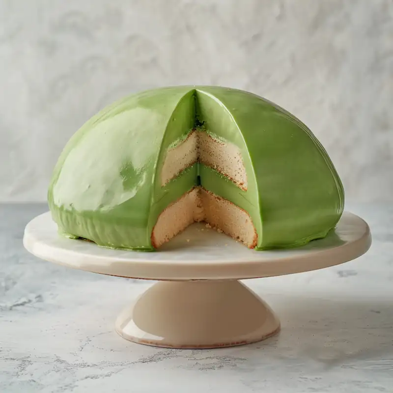 Viral Dessert Recipes 2026: Sweet Trends You’ve Gotta Try 11 Dome-shaped cake with a smooth green marzipan exterior, cut to reveal layers inside.