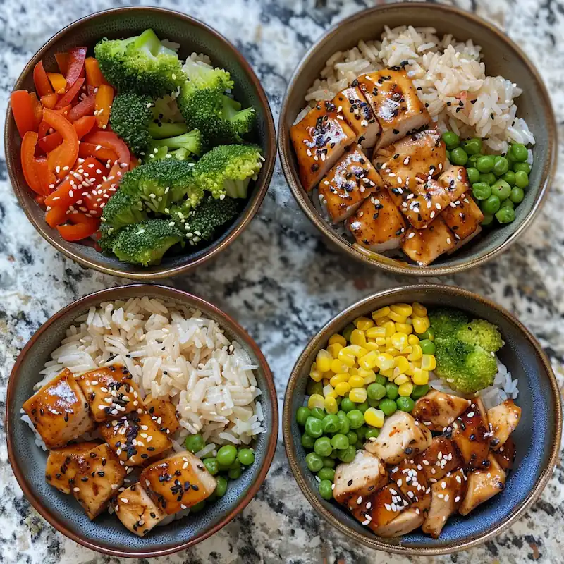  Four chicken broccoli rice bowls styled differently: teriyaki, cheesy, spicy, and Mediterranean.