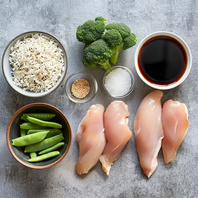 Raw ingredients for chicken broccoli rice bowl laid out on a kitchen counter: chicken breast, rice, broccoli, soy sauce, and garlic.