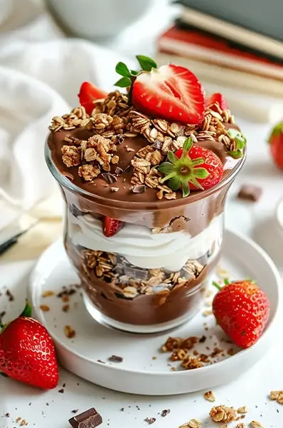 Chocolate strawberry parfait layered with yogurt, granola, and fresh strawberries – easy budget-friendly student dessert recipe.