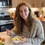 College student enjoying a high-protein 30-30-30 breakfast bowl with eggs, oats, and avocado in a dorm kitchen.