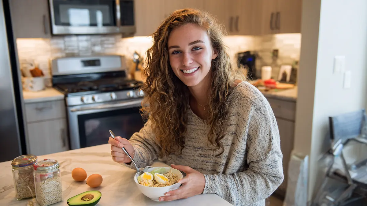 30-30-30 Breakfasts for Students: 14 Budget Ideas (+ Grocery List) 1 College student enjoying a high-protein 30-30-30 breakfast bowl with eggs, oats, and avocado in a dorm kitchen.