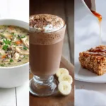Cozy December recipes USA – creamy butternut squash pasta with sage, chili with cornbread, baked oatmeal, chicken wild rice soup, and hot cocoa smoothie on a rustic winter table.