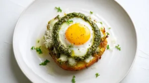 A plated pesto egg hash brown toast