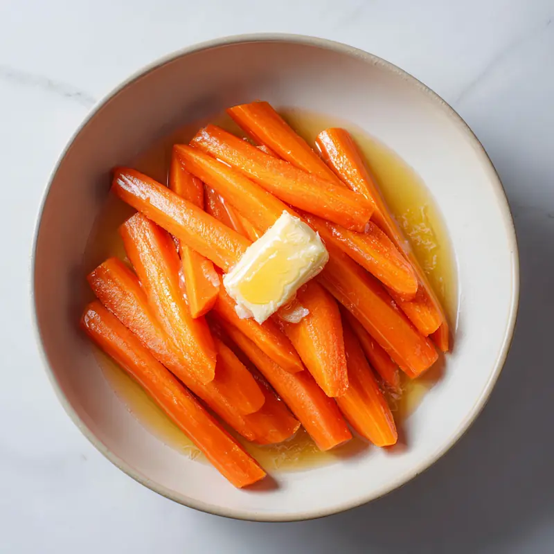 Butter and honey being added to freshly steamed carrots on a white desk, showing the start of the glaze under bright lighting.