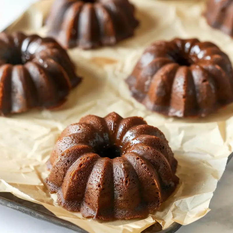 Air-fried mini chocolate Bundts cooling on parchment.