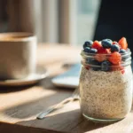 Healthy bariatric seed pudding with chia, flax, and pumpkin seeds on a college dorm desk beside a laptop and coffee — symbolizing the Bariatric Seed Ritual morning routine