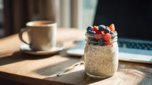 Healthy bariatric seed pudding with chia, flax, and pumpkin seeds on a college dorm desk beside a laptop and coffee — symbolizing the Bariatric Seed Ritual morning routine
