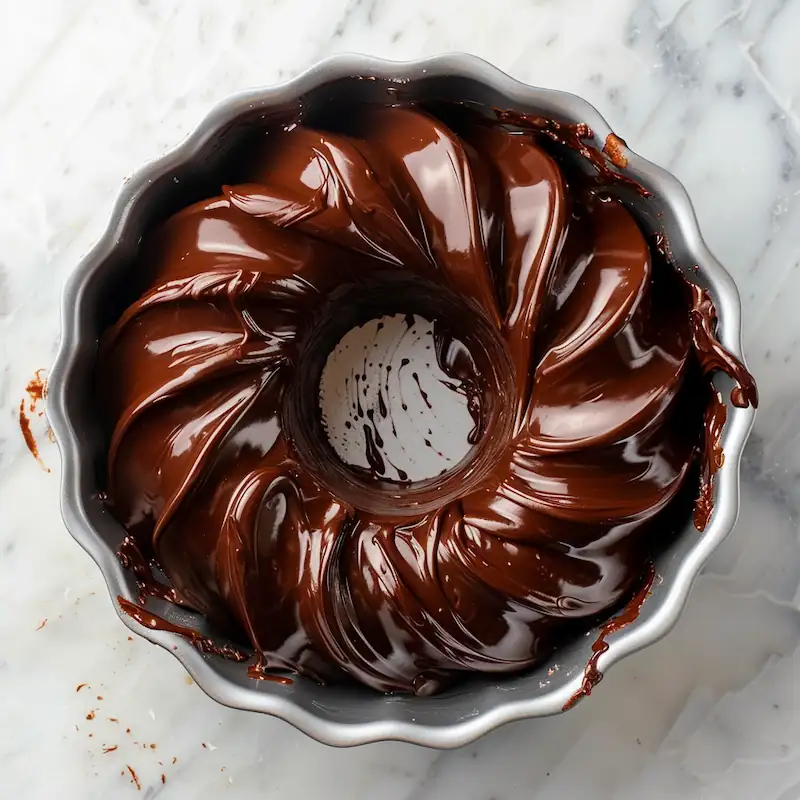 Thick chocolate batter ribboning into a greased Bundt pan